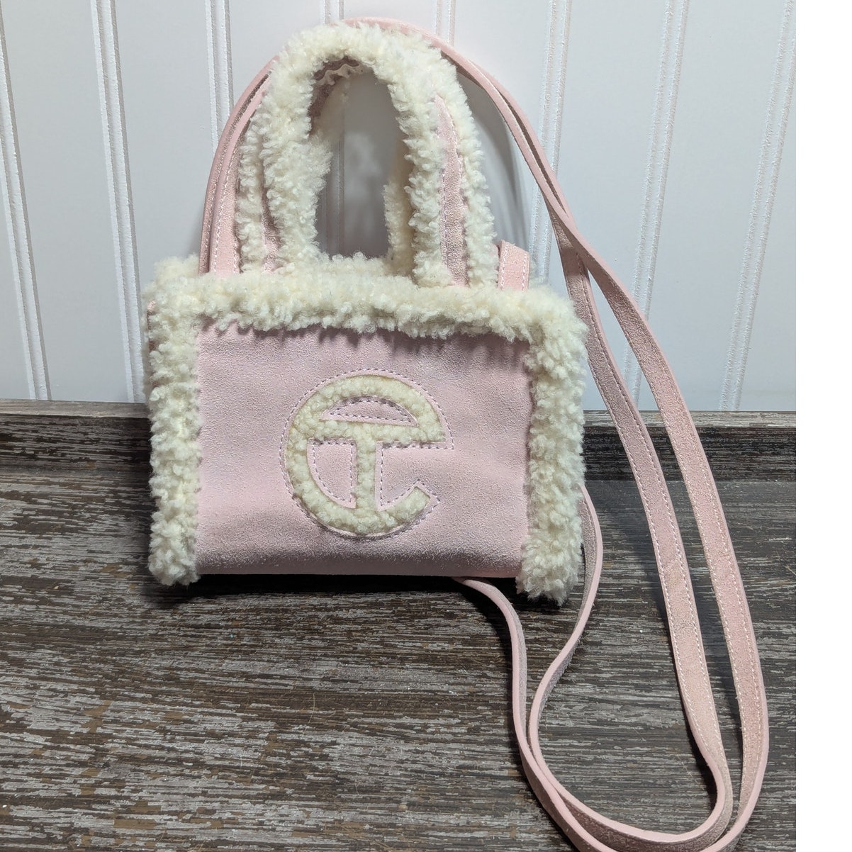 Telfar Ugg Pink Cream Sherpa Suede Mini Shopper Crossbody Bag